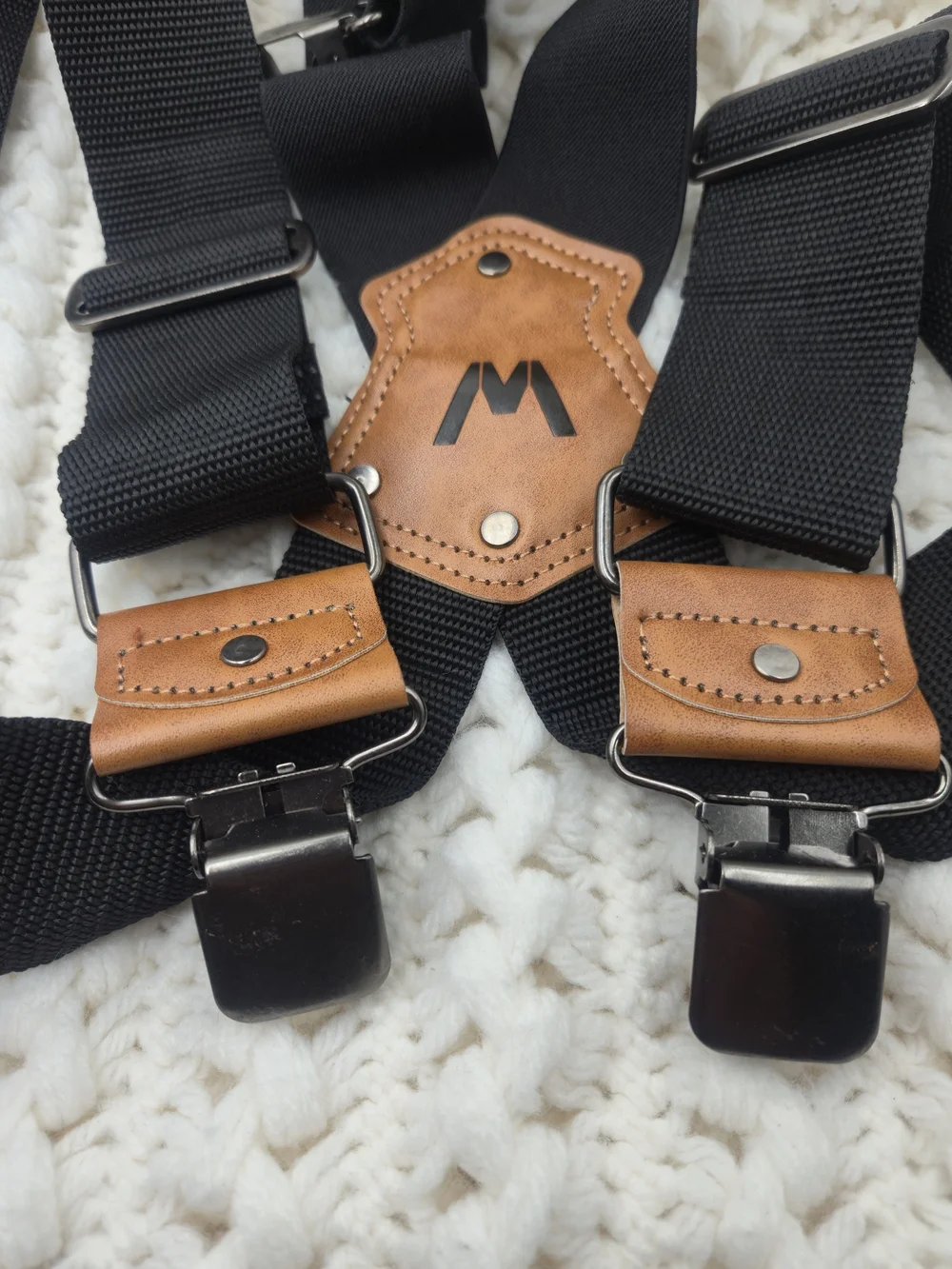 Logo Black Elastic en’s Suspenders with Brown Leather Accent